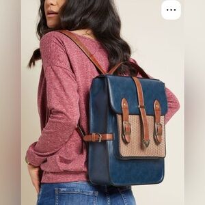 ModCloth Navy Backpack with Brown Trim and Woven Front Pocket